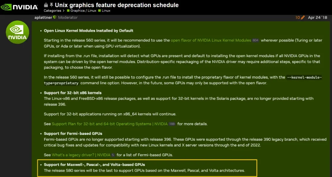 انویدیا اعلام کرد درایورهای سری ۵۸۰ آخرین نسخه برای کارتهای گرافیک قدیمی خواهند بود
