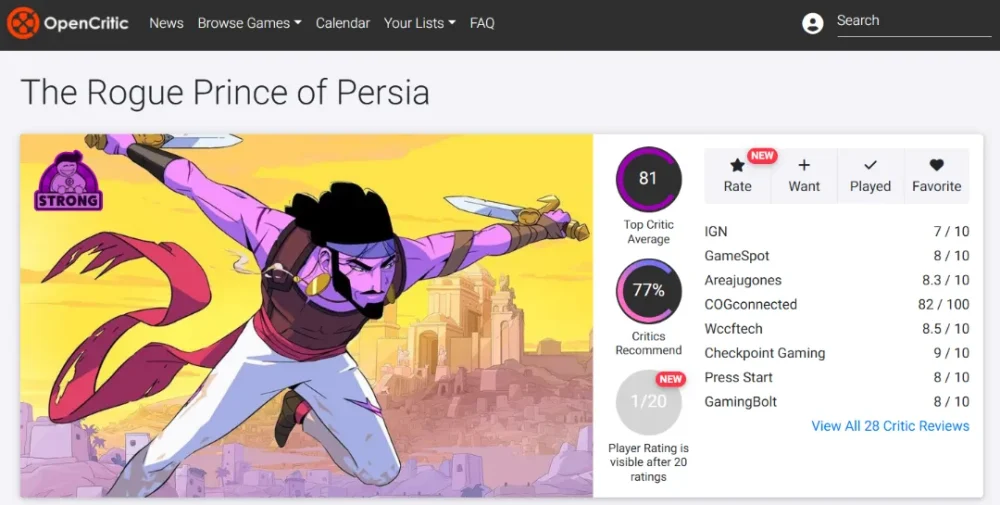 میانگین نقدها و نمرات بازی The Rogue Prince of Persia از وبسایت اوپنکریتیک (OpenCritic)