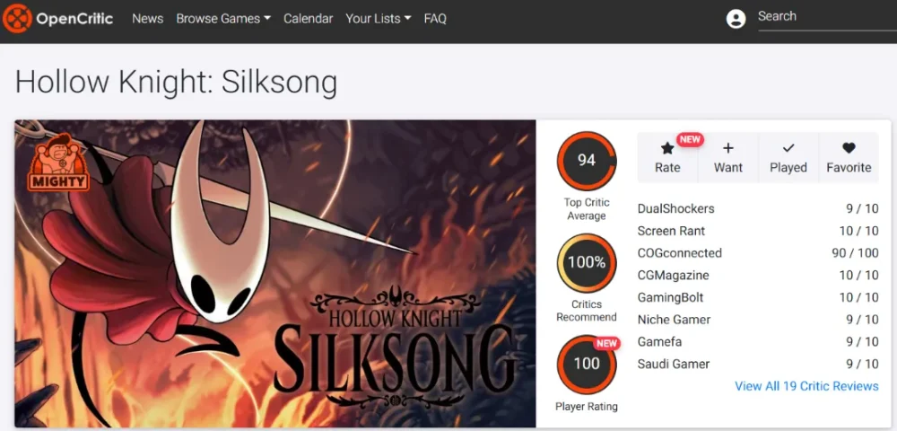 میانگین نقدها و نمرات بازی Hollow Knight: Silksong در وبسایت اوپنکریتیک (Opencritic)