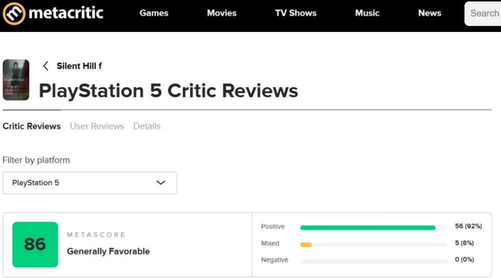 Metacritic میانگین نقدها و نمرات بازی Silent Hill f در وبسایت متاکریتیک (Metacritic)