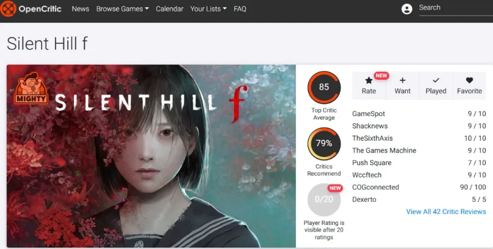 میانگین نقدها و نمرات بازی Silent Hill f در وبسایت اوپنکریتیک (Opencritic)