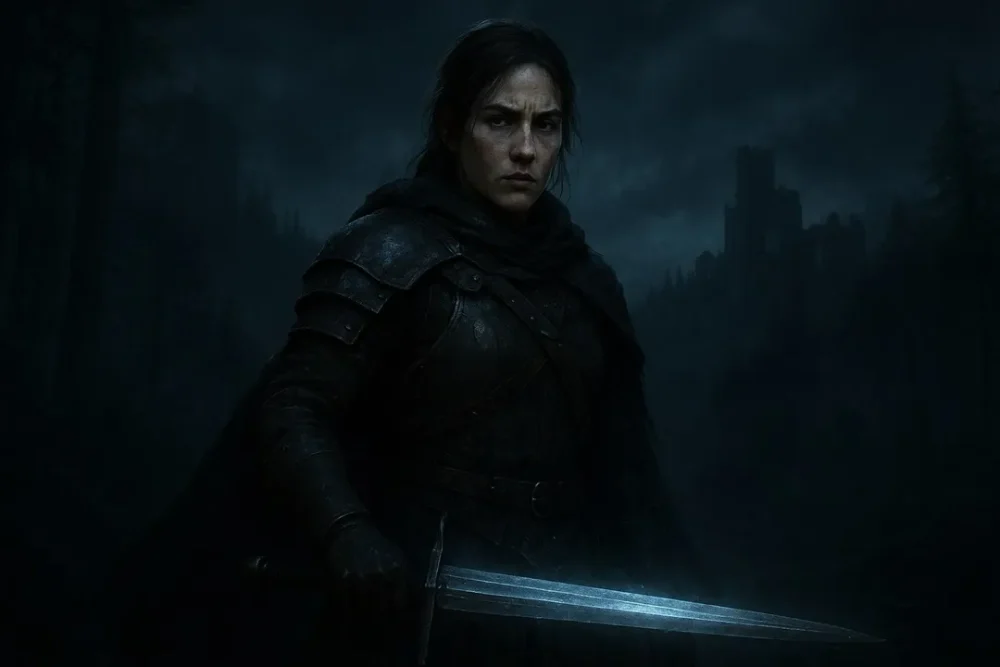 تصویر یک زن در فضای تاریک و مرموز با الهام از سری The Witcher با کمک ChatGPT