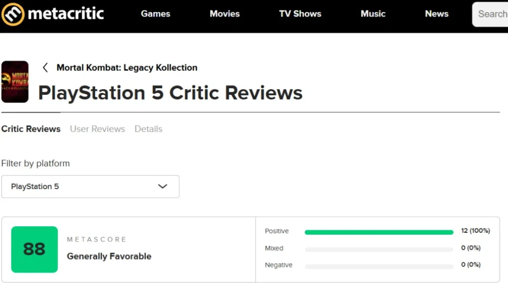 میانگین نقدها و نمرات بازی Mortal Kombat: Legacy Kollection در وبسایت متاکریتیک (Metacritic)