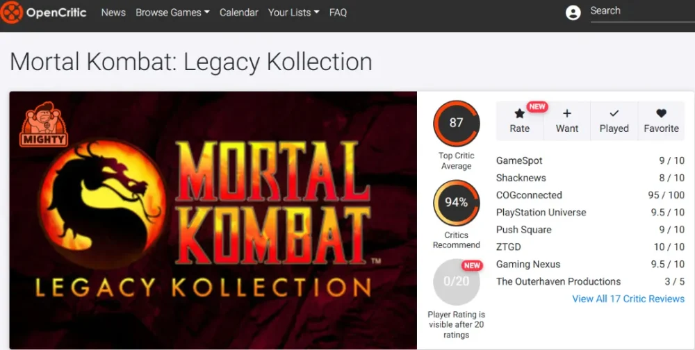میانگین نقدها و نمرات بازی Mortal Kombat: Legacy Kollection در وبسایت اوپنکریتیک (Opencritic)