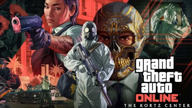 تصویر هنری از شخصیتهای بازی GTA Online در حال آمادهسازی برای عملیات سرقت در مرکز کورتز