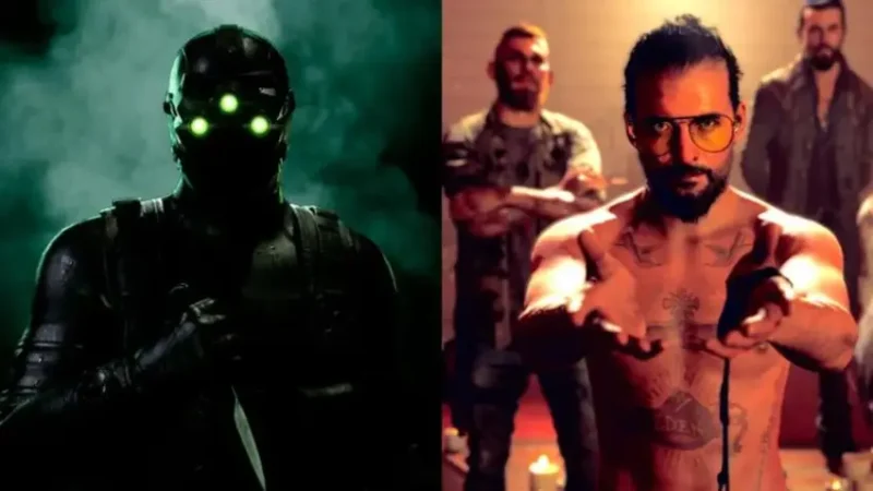 تصویر دو بخشی شامل شخصیت جاسوس در بازی Splinter Cell با دید در شب و شخصیت اصلی بازی Far Cry 7 با تتوهای بدن.