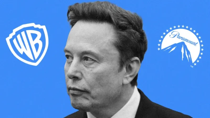 ایلان ماسک (Elon Musk) در کنار لوگوهای پارامونت و برادران وارنر